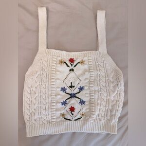 White Knit Tank Crop with Floral Embroidery